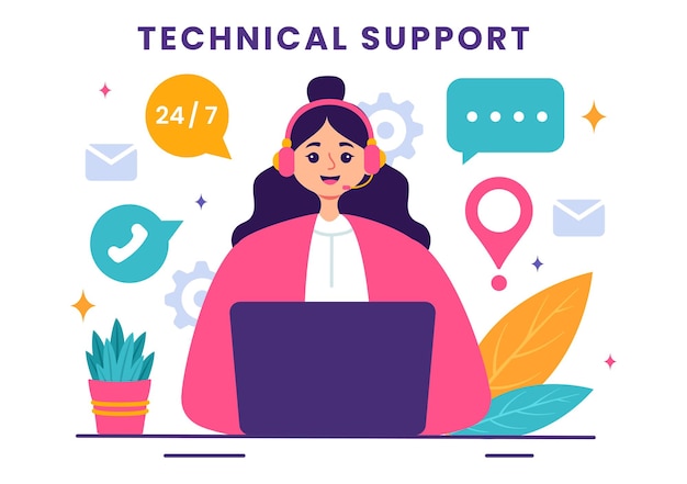 Ilustración vectorial de un sistema de soporte técnico con servicio al cliente de desarrollo de software y ayuda tecnológica en un fondo plano de dibujos animados