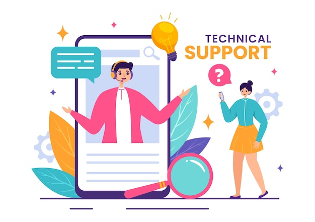 Ilustración vectorial de un sistema de soporte técnico con servicio al cliente de desarrollo de software y ayuda tecnológica en un fondo plano de dibujos animados