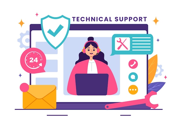 Ilustración vectorial de un sistema de soporte técnico con servicio al cliente de desarrollo de software y ayuda tecnológica en un fondo plano de dibujos animados