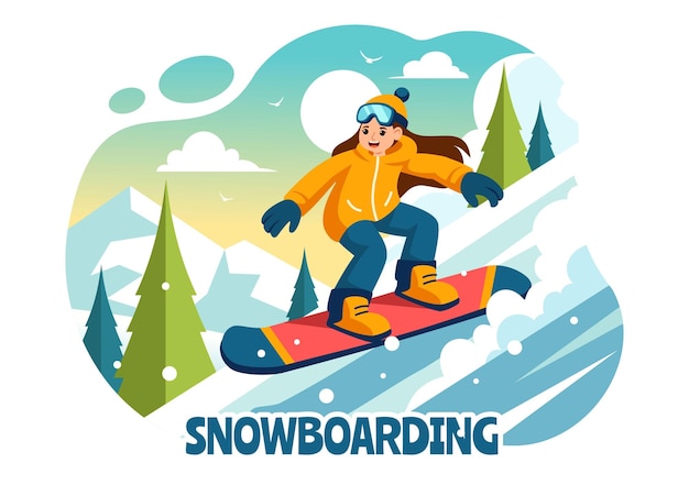 Ilustración vectorial de snowboard con personas deslizándose y saltando en una ladera de montaña nevada durante el invierno