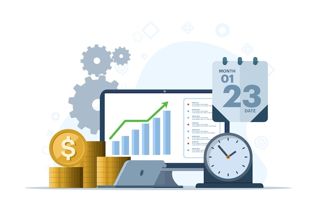 Ilustración vectorial sobre el análisis de informes financieros y datos para aumentar los ingresos
