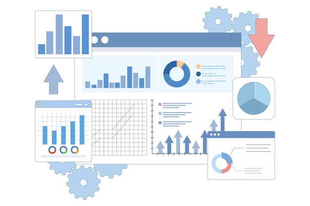Ilustración vectorial sobre el análisis de informes de información de gráficos empresariales o el análisis de datos empresariales