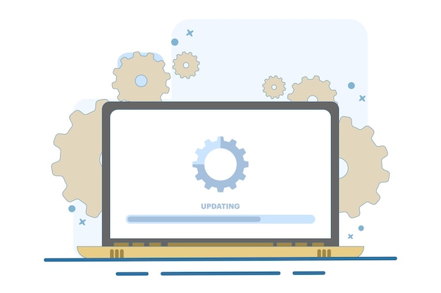 Ilustración vectorial sobre computadora portátil con pantalla de actualización de software o mantenimiento del sistema