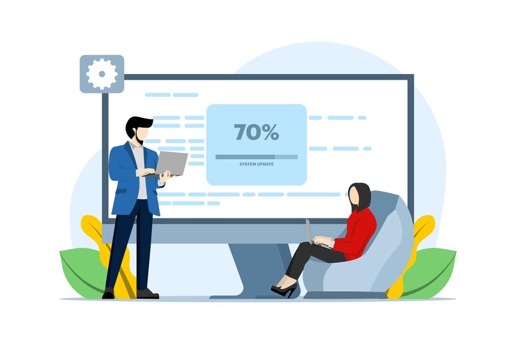 Vector ilustración vectorial sobre el concepto de actualización del sistema con el equipo de desarrollo arreglando errores