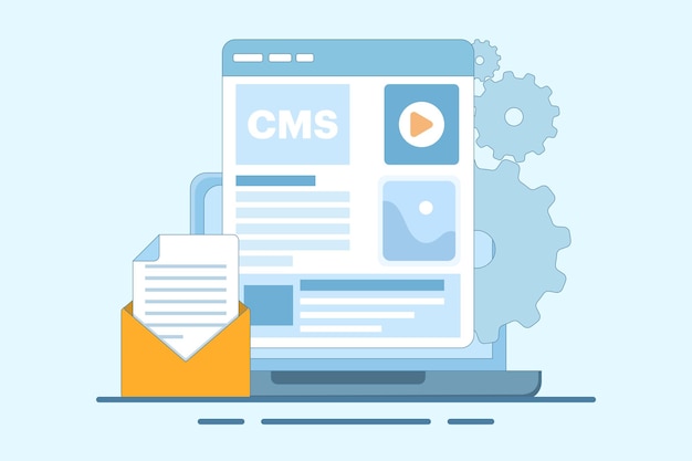 Ilustración vectorial sobre el concepto de administración del sistema de gestión de contenidos cms o CMS y Blogger