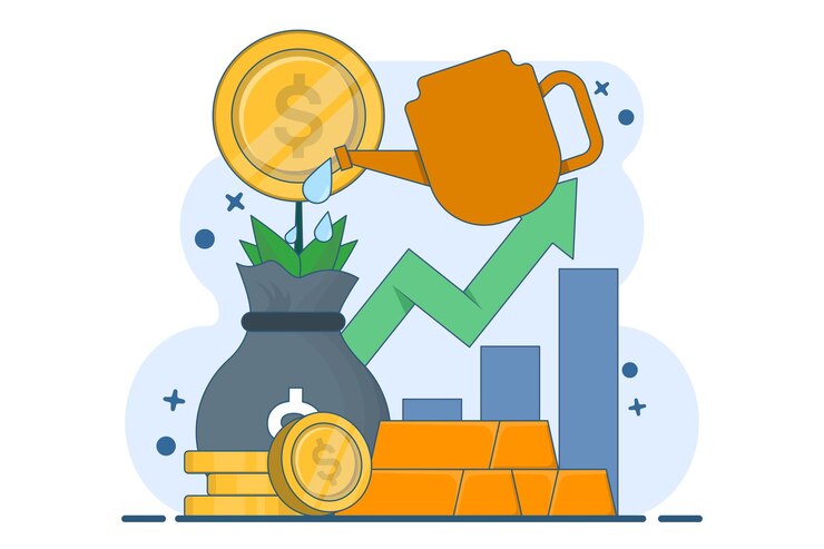 Vector ilustración vectorial sobre el concepto de análisis del mercado de lingotes de oro con lingotes de oro con planta en crecimiento