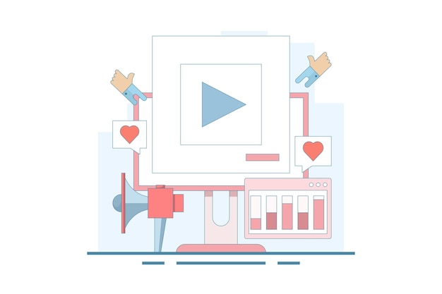 Ilustración vectorial sobre el concepto de anuncio de video en las redes sociales o la promoción de la marca en las medios sociales