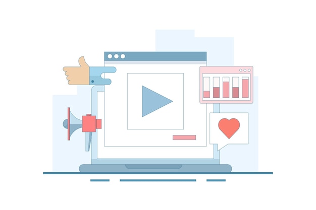 Ilustración vectorial sobre el concepto de anuncio de video en las redes sociales o la promoción de la marca en las medios sociales
