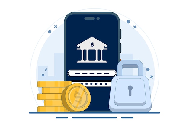 Ilustración vectorial sobre el concepto de aplicación financiera segura y segura o seguridad financiera