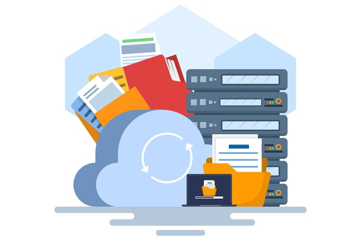 Vector ilustración vectorial sobre el concepto de aplicación móvil de almacenamiento en la nube o copia de seguridad de datos o intercambio de archivos