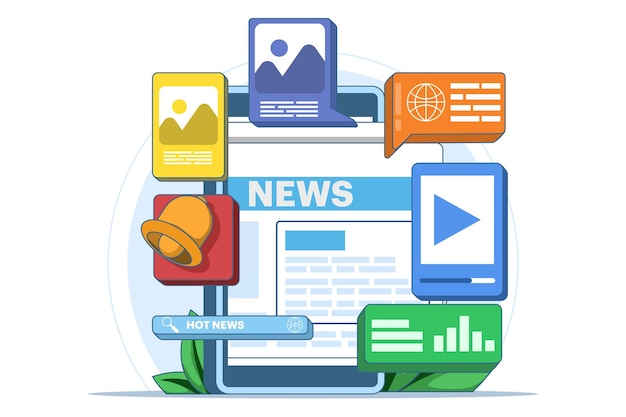 Ilustración vectorial sobre el concepto de aplicación de noticias en línea o artículo de noticias en Internet con página web de noticias