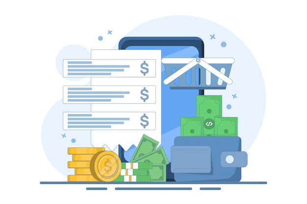 Ilustración vectorial sobre el concepto de banca móvil o billetera digital y sistema de pago