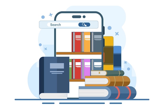 Ilustración vectorial sobre el concepto de biblioteca en línea o biblioteca de libros de medios