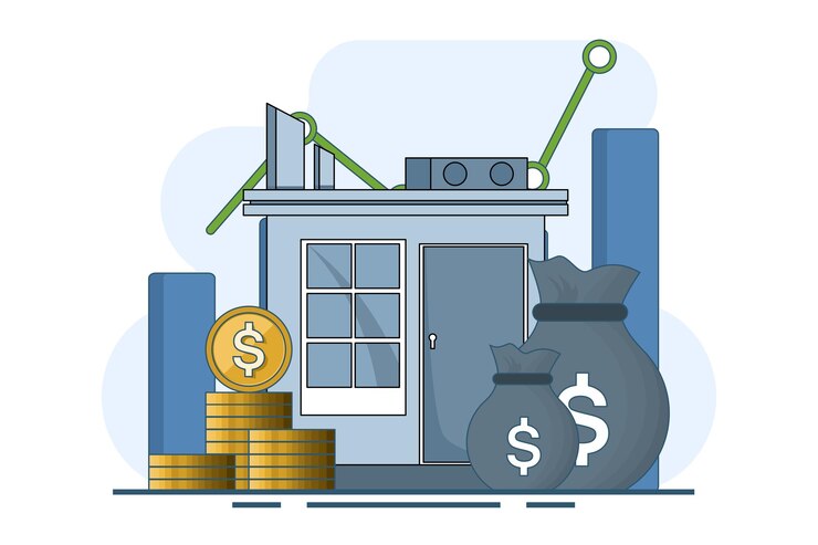 Vector ilustración vectorial sobre el concepto de bienes raíces y la pila de monedas o ahorrar dinero para una casa