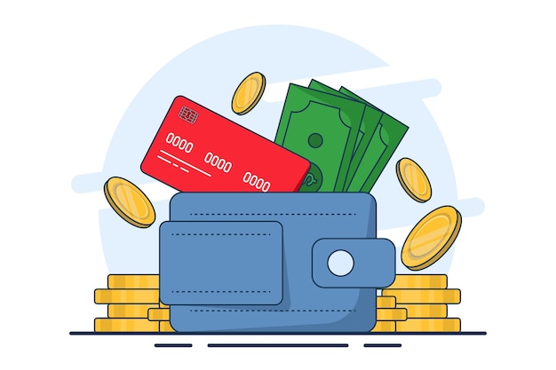 Ilustración vectorial sobre el concepto de billetera de dinero con monedas, billetera y tarjetas de pago