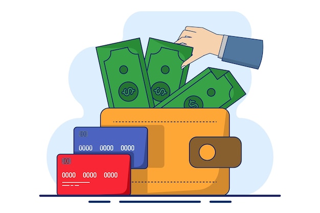 Ilustración vectorial sobre el concepto de billetera de dinero con monedas, billetera y tarjetas de pago
