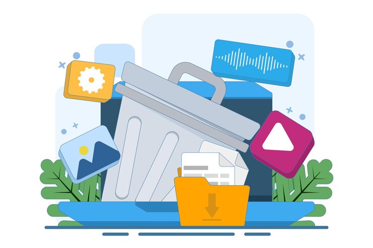 Vector ilustración vectorial sobre el concepto de borrar datos y mover archivos innecesarios a la basura