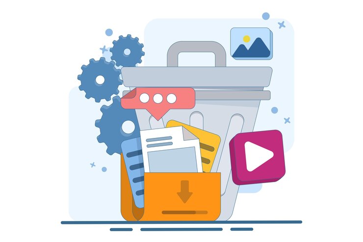 Vector ilustración vectorial sobre el concepto de borrar datos y mover archivos innecesarios a la basura