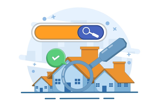 Ilustración vectorial sobre el concepto de búsqueda de bienes raíces o casas para comprar