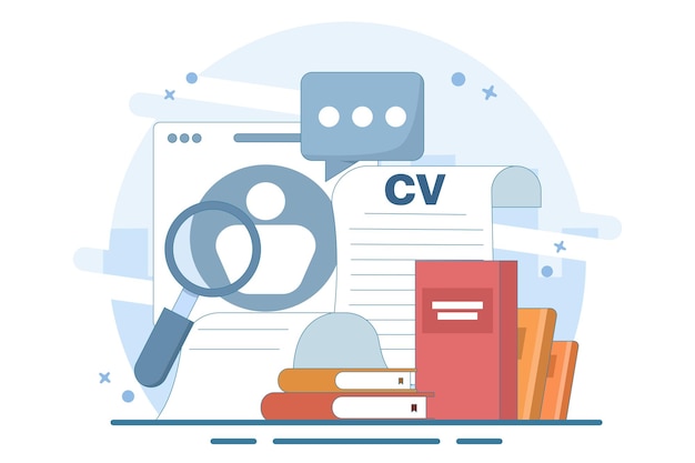 Ilustración vectorial sobre el concepto de búsqueda de empleo con currículum y vacantes