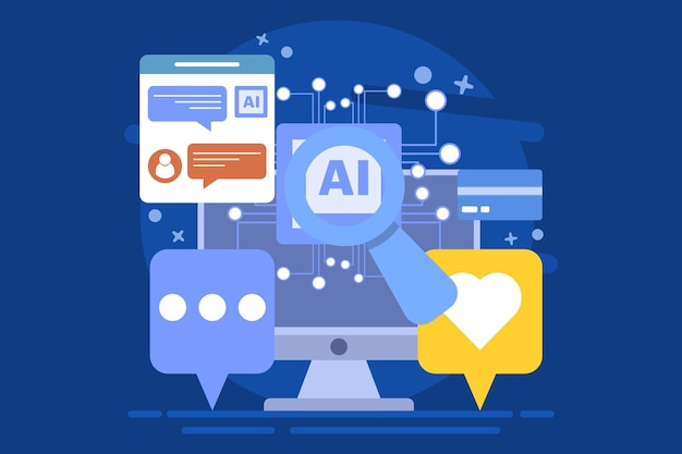 Ilustración vectorial sobre el concepto de chat bot de IA para el soporte al cliente o la mesa de ayuda al cliente en línea