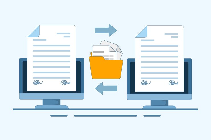 Vector ilustración vectorial sobre el concepto de colaboración de documentos o intercambio de archivos en línea