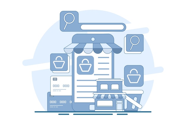 Ilustración vectorial sobre el concepto de comercio electrónico o marketing empresarial o compras en línea
