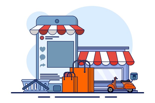 Ilustración vectorial sobre el concepto de compras en línea frente a tiendas fuera de línea comparando la conveniencia
