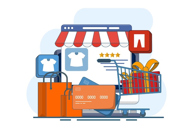 Ilustración vectorial sobre el concepto de compras en línea o pedidos en línea o sitio web de comercio electrónico