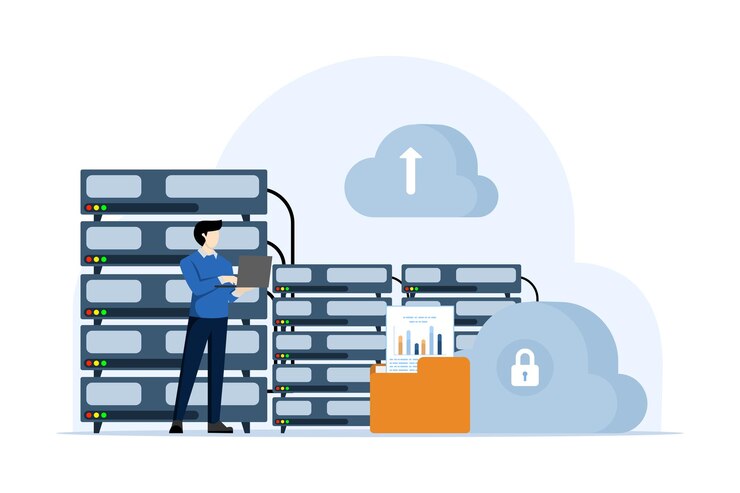 Vector ilustración vectorial sobre el concepto de computación en nube o centro de datos con personas que acceden a los datos