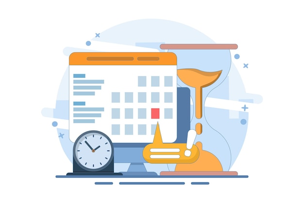 Ilustración vectorial sobre el concepto de computadora con calendario o lista de fechas límite con notas