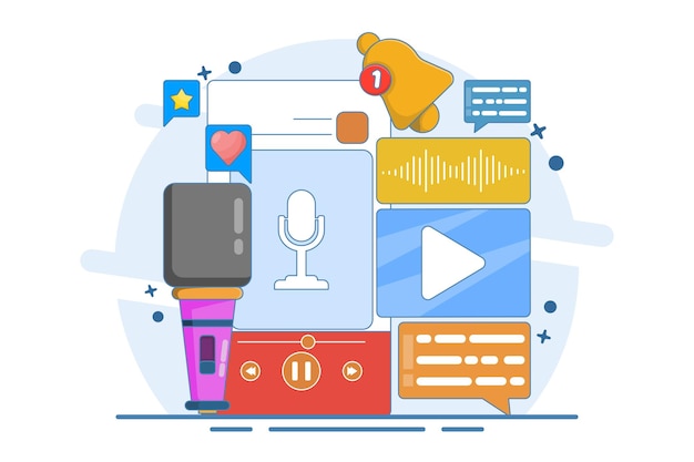 Ilustración vectorial sobre el concepto de contenido de podcast o la aplicación de podcasting