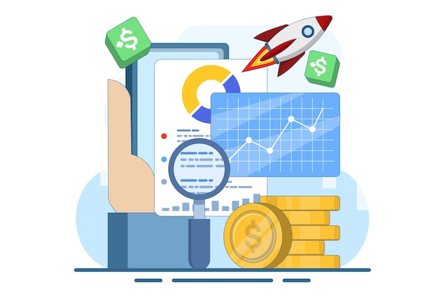 Ilustración vectorial sobre el concepto de crecimiento de ventas o estrategia de negocios y análisis financiero