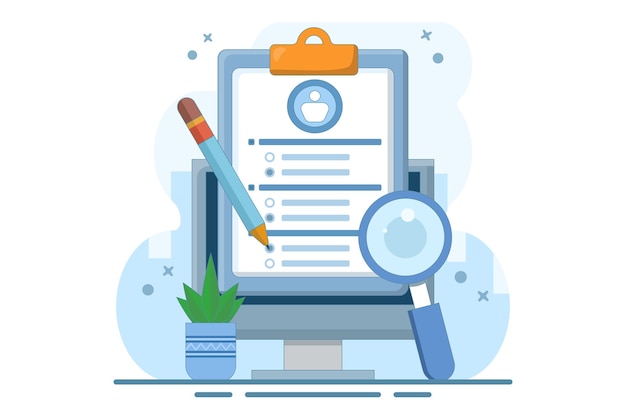 Ilustración vectorial sobre el concepto del cuestionario o el dispositivo con formulario de encuesta utilizando lápiz