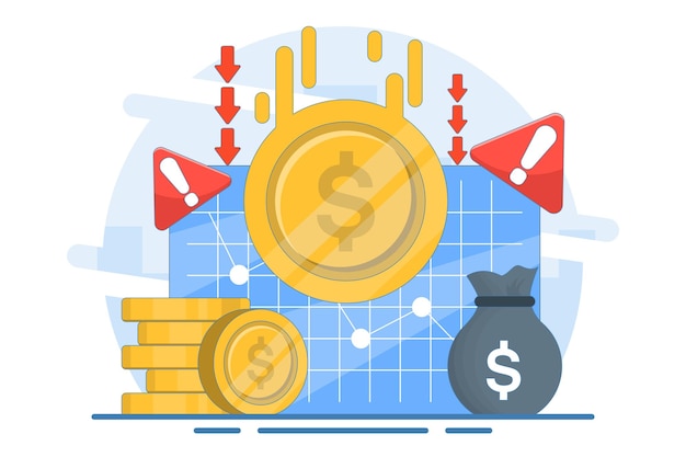 Ilustración vectorial sobre el concepto de depreciación de la moneda del dólar o el valor del dólar sigue disminuyendo