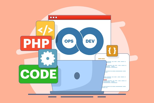 Ilustración vectorial sobre el concepto de desarrollo de software y la práctica del programa de operaciones