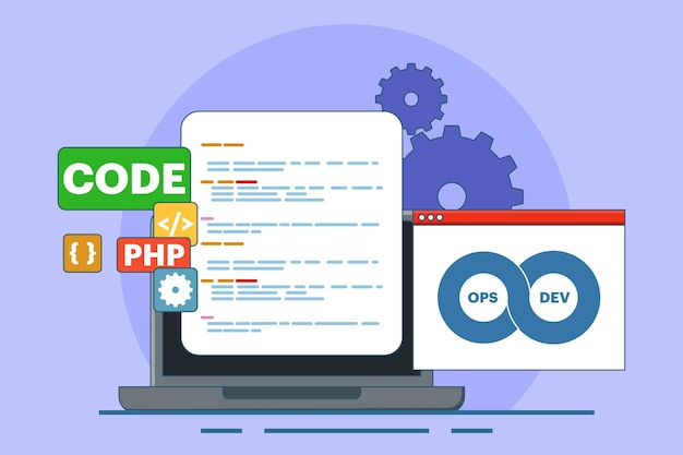 Ilustración vectorial sobre el concepto de desarrollo de software y la práctica del programa de operaciones