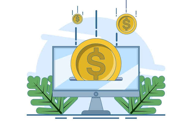 Ilustración vectorial sobre el concepto de dinero digital con portátil o administrar la transferencia o los ingresos