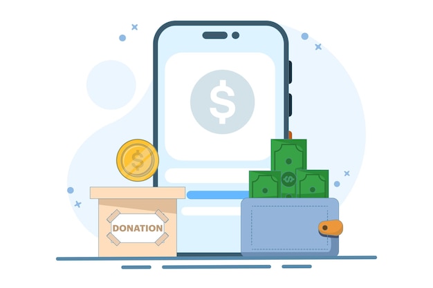 Ilustración vectorial sobre el concepto de donación en efectivo o apoyo financiero y recaudación de fondos