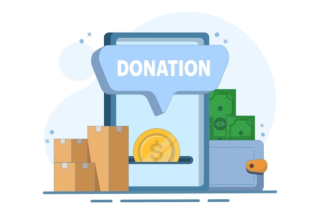 Ilustración vectorial sobre el concepto de donación en efectivo o apoyo financiero y recaudación de fondos