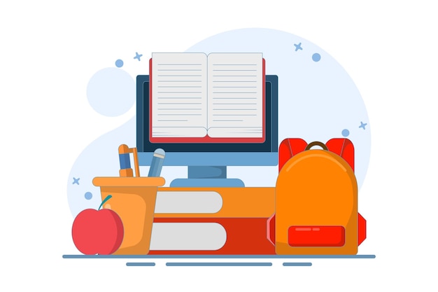 Ilustración vectorial sobre el concepto de educación en línea en computadora o portátil con libro abierto