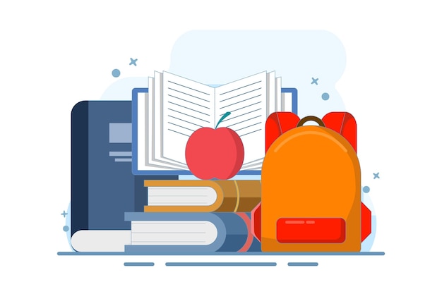 Ilustración vectorial sobre el concepto de educación en línea en computadora o portátil con libro abierto