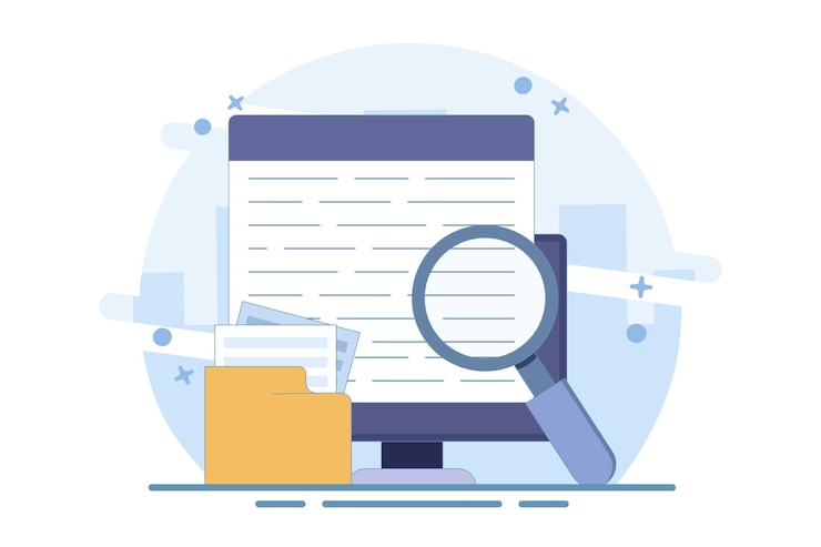 Vector ilustración vectorial sobre el concepto de experiencia de contenido revisión de la investigación de textos en línea en computadora