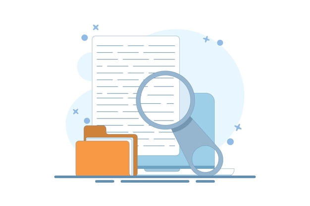 Ilustración vectorial sobre el concepto de experiencia de contenido revisión de la investigación de textos en línea en computadora