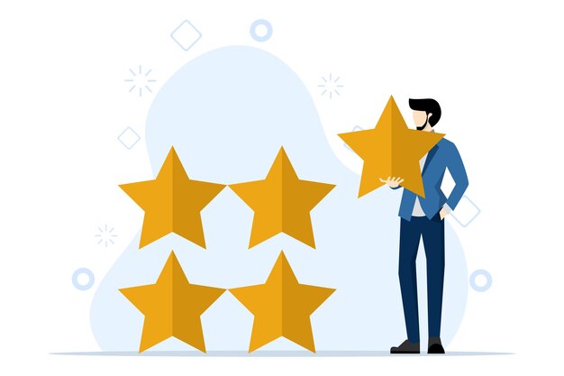 Ilustración vectorial sobre el concepto de experiencia del usuario con consumidores que dan cinco estrellas