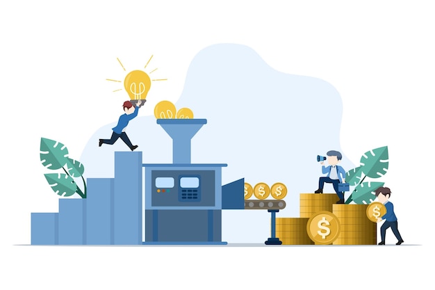 Ilustración vectorial sobre el concepto de ganar dinero convirtiendo ideas en dinero