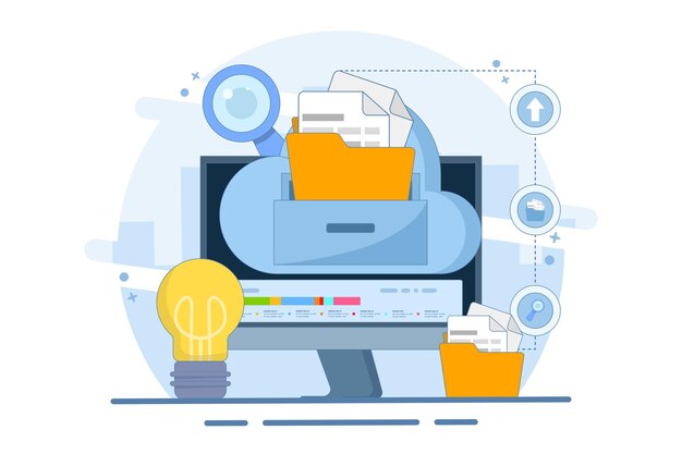Ilustración vectorial sobre el concepto de gestión electrónica de documentos o administración de gestión de archivos