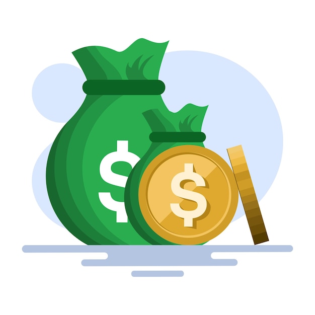 Ilustración vectorial sobre el concepto de una gran pila o pila de monedas de oro y dinero en efectivo en un saco