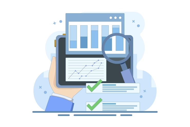 Vector ilustración vectorial sobre el concepto de informe de análisis de gráficos de crecimiento de datos de ventas en computadora o pc