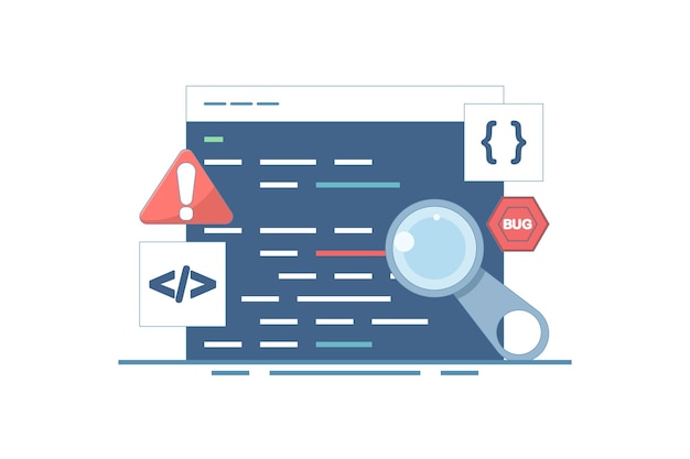 Ilustración vectorial sobre el concepto de informe de errores o la búsqueda de errores en el programa de software